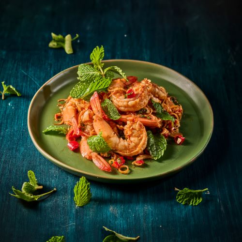 Prawns salad with tom yum paste.