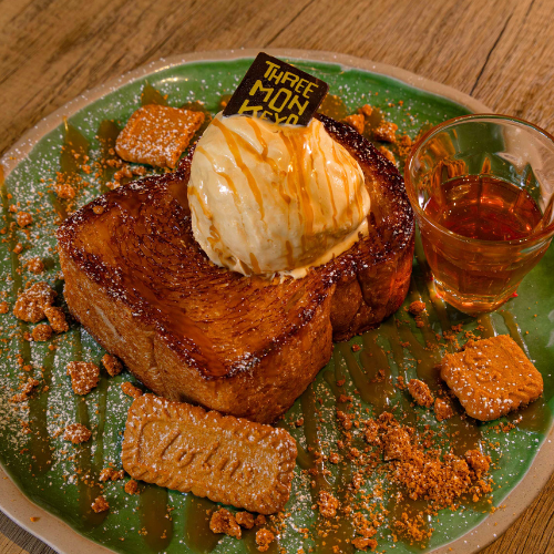 Caramel Honey Toast, served with one scoop of caramel ice cream.