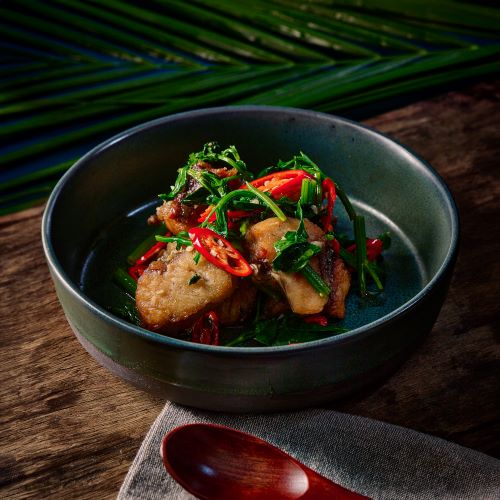 Stir fried white snapper with Chinese celery.