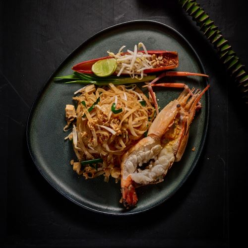 Pad Thai noodles with river prawns.