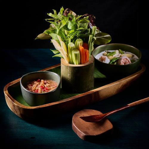 Coconut milk soup with prawns, served with minced shrimps dip paste.