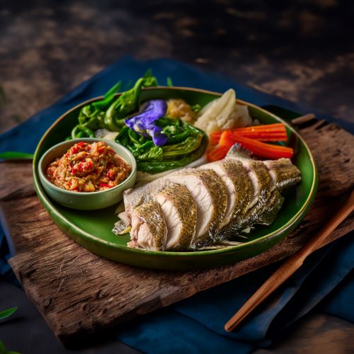 Steamed fish with mixed boiled vegetables, served with chili dip paste.