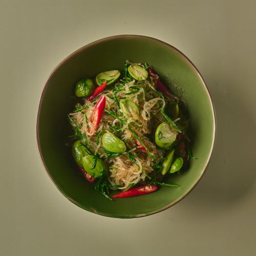 Stir fried bitter green beans with glass noodles.