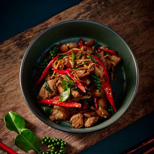 Stir fried wild boar with chili, fingerroot and green peppercorns.