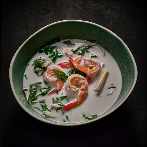 Coconut milk soup with prawns and local vegetables.