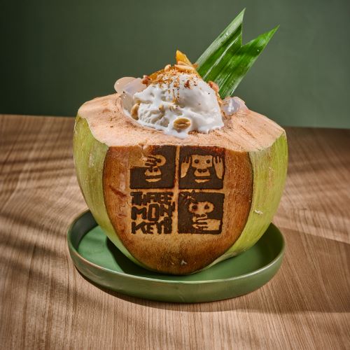 Coconut ice cream, served in fresh coconut.